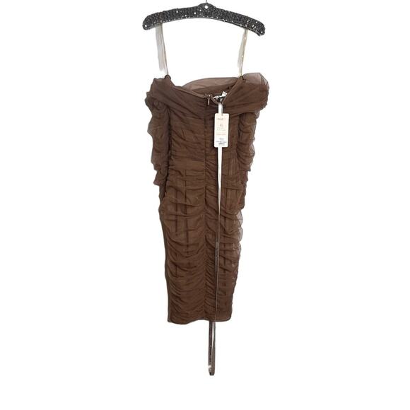 NWT House of CB London Anais Brown Tulle Off Shoulder Ruched Dress Size XS - Picture 4 of 5